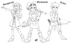 Size: 1500x900 | Tagged: safe, artist:mono-phos, apple bloom, scootaloo, sweetie belle, human, g4, adventurers, archer, arrow, blacksmith, bow (weapon), bow and arrow, cutie mark crusaders, fantasy, group, hammer, humanized, lineart, monochrome, roleplaying, singing, songstress, weapon