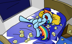 Size: 1600x1000 | Tagged: safe, artist:rainysunshine, edit, rainbow dash, g4, above, angled, bed, bedroom, cold, female, flu, gross, humor, mucus, nasty, red nosed, sick, sleeping, snot, solo, tissue