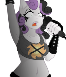 Size: 10398x12187 | Tagged: safe, artist:drbdnv, artist:gray-gold, sweetie belle, anthro, g4, absurd resolution, armpits, belly button, black metal, bullet belt, clothes, corpse paint, metal, metal belle, midriff, solo, spiked wristband, sports bra, wristband
