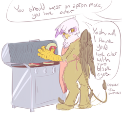 Size: 1095x1031 | Tagged: safe, artist:nobody, gilda, griffon, g4, apron, bipedal, carnivore, clothes, cooking, descriptive noise, female, food, gildere, grill, grillda, meat, meme, solo, steak, tsundere