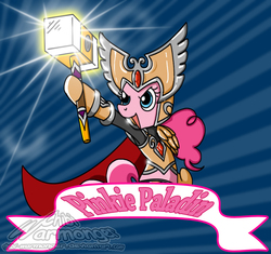 Size: 982x922 | Tagged: safe, artist:chibi-warmonger, pinkie pie, earth pony, pony, g4, armor, bipedal, crossover, fantasy class, female, hammer, hoof hold, knight, open mouth, paladin, pun, smiling, solo, war hammer, warcraft, warrior, weapon, world of warcraft