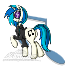 Size: 843x892 | Tagged: safe, artist:chibi-warmonger, dj pon-3, vinyl scratch, g4, butt, clothes, headphones, jacket, music notes, plot