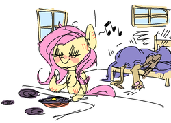 Size: 954x684 | Tagged: safe, artist:nobody, fluttershy, gilda, griffon, pony, g4, bed hair, cooking, egg (food), female, food, gildashy, lesbian, morning after, scratches, shipping