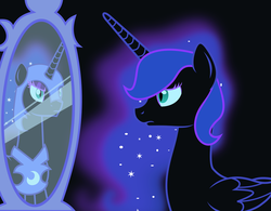 Size: 4072x3171 | Tagged: safe, artist:saturnstar14, nightmare moon, oc, oc:nyx, pony, fanfic:past sins, g4, album cover, mirror, nightmare nyx, reflection, solo, song, song in the comments, two sides