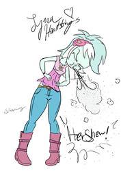 Size: 2883x4080 | Tagged: safe, artist:silverwing, artist:sudosnz, edit, lyra heartstrings, equestria girls, g4, boots, clothes, cute, female, jeans, lyrabetes, sketch, sneeze cloud, sneezing, solo, spray
