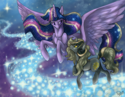 Size: 1350x1050 | Tagged: safe, artist:amberswirl, twilight sparkle, oc, alicorn, pony, unicorn, g4, ascension realm, duo, ethereal mane, female, hand, mare, older, princess celestia's special princess making dimension, starry mane, twilight sparkle (alicorn), ultimate twilight