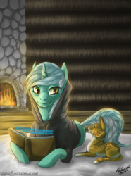 Size: 2112x2839 | Tagged: safe, artist:amberswirl, lyra heartstrings, cat, pony, unicorn, fanfic:background pony, g4, book, clothes, dig the swell hoodie, fanfic art, fireplace, high res, hoodie