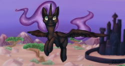 Size: 1024x541 | Tagged: dead source, safe, artist:amberswirl, oc, oc only, oc:nyx, alicorn, pony, alicorn oc, flying, nightmare nyx, solo