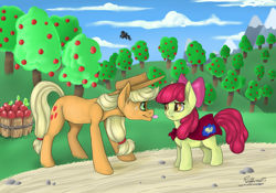 Size: 2927x2049 | Tagged: safe, artist:amberswirl, apple bloom, applejack, fluttershy, earth pony, pony, g4, apple, apple tree, cape, clothes, cmc cape, high res, silly, silly pony, sweet apple acres, tongue out, tree