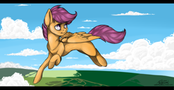 Size: 5000x2588 | Tagged: safe, artist:amberswirl, scootaloo, pegasus, pony, g4, female, flying, mare, scootaloo can fly, solo