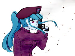 Size: 1975x1482 | Tagged: safe, artist:aisureimi, sonata dusk, equestria girls, g4, beret, gun, military, no trigger discipline, ponytail