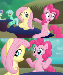 Size: 3230x3862 | Tagged: safe, artist:frogem, bon bon, fluttershy, lyra heartstrings, pinkie pie, sweetie drops, earth pony, pegasus, pony, unicorn, g4, 2 panel comic, beach, comic, female, high res, jurassic park, mare, meme, meme origin, movie accurate, movie reference, nobody cares, nopony cares, table