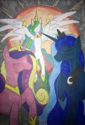 Size: 1425x2099 | Tagged: safe, artist:xiiinyxigami, princess cadance, princess celestia, princess luna, g4, eyes closed, sun, traditional art