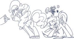 Size: 1280x673 | Tagged: safe, artist:stoic5, pinkie pie, rainbow dash, g4, angry, monochrome, rage, sketch, smiling, wonderbolts uniform