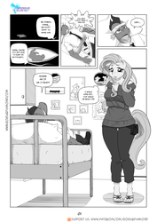 Size: 1200x1697 | Tagged: safe, artist:pia-sama, angel bunny, fluttershy, spike, anthro, plantigrade anthro, comic:rogue diamond, g4, clothes, comic, feet, injured, monochrome, sandals, sweater, sweatershy, toes