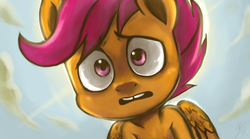 Size: 1024x570 | Tagged: safe, artist:trazodoned, scootaloo, .mov, swag.mov, g4, cute, cutealoo, female, gap teeth, solo, worried