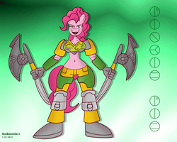 Size: 5000x4000 | Tagged: safe, artist:scobionicle99, pinkie pie, anthro, g4, absurd resolution, armor, belly button, bionicle, crossover, female, lego, lewa, midriff, solo, unconvincing armor, weapon