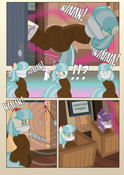 Size: 752x1063 | Tagged: safe, artist:radiantrealm, coco pommel, suri polomare, earth pony, pony, comic:collecting coco, g4, blindfold, bondage, cloth gag, comic, crate, exclamation point, female, gag, hypnosis, hypnosis fetish, hypnotized, interrobang, kidnapped, muffled moaning, mummification, mummified, pendulum swing, question mark, rope, rope bondage, show accurate, swirly eyes, tied up