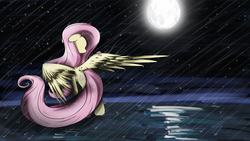 Size: 4800x2700 | Tagged: safe, artist:flamevulture17, fluttershy, pegasus, pony, g4, female, moon, night, rain, solo