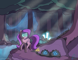 Size: 4176x3240 | Tagged: dead source, safe, artist:zacproductions, fluttershy, butterfly, g4, cel shading, female, forest, glowing eyes, nature, smiling, solo, walking, water