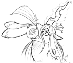 Size: 840x718 | Tagged: safe, artist:hellonurse, artist:papercutpony, queen chrysalis, shining armor, changeling, changeling queen, g4, butt, chrysalispred, female, head first, monochrome, plot, simple background, sketch, swallowing, throat bulge, villainous delights, vore