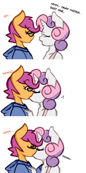 Size: 1280x2587 | Tagged: safe, artist:somescrub, scootaloo, sweetie belle, unicorn, anthro, ask nudist sweetie belle, g4, clothes, comic, female, glasses, kiss on the lips, kissing, lesbian, ship:scootabelle, tumblr