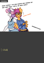 Size: 1280x1814 | Tagged: safe, artist:somescrub, scootaloo, sweetie belle, anthro, ask nudist sweetie belle, g4, belly button, clothes, glasses, midriff, spoon, tumblr