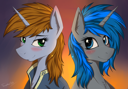 Size: 1040x730 | Tagged: safe, artist:twotail813, oc, oc only, oc:homage, oc:littlepip, pony, unicorn, fallout equestria, rcf community, 31, blushing, bust, chest fluff, clothes, ear fluff, fanfic, fanfic art, female, fluffy, horn, jumpsuit, lesbian, looking at each other, mare, oc x oc, portrait, ship:pipmage, shipping, smiling, vault suit