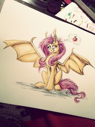 Size: 960x1280 | Tagged: safe, artist:donika-schovina, fluttershy, g4, female, flutterbat, solo, traditional art