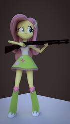 Size: 1080x1920 | Tagged: safe, artist:creatorofpony, fluttershy, equestria girls, g4, 3d, 3d model, awkward, blender, boots, clothes, female, gun, m870, shotgun, skirt, solo, tank top, teenager