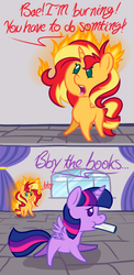 Size: 500x1026 | Tagged: dead source, safe, artist:php92, sunset shimmer, twilight sparkle, alicorn, pony, unicorn, g4, askbookobsessedtwilight, book, comic, female, fiery shimmer, fire, lesbian, on fire, ship:sunsetsparkle, shipping, twilight sparkle (alicorn)