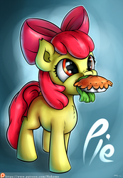 Size: 1500x2162 | Tagged: safe, artist:neko-me, apple bloom, earth pony, pony, g4, adorabloom, cute, female, mouth hold, pie, solo