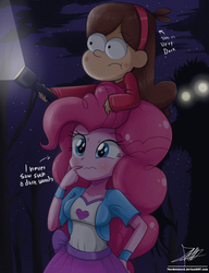 Size: 993x1290 | Tagged: safe, artist:the-butch-x, pinkie pie, equestria girls, g4, behind you, blushing, crossover, cute, diapinkes, duo focus, flashlight (object), gravity falls, mabel pines, male, wavy mouth