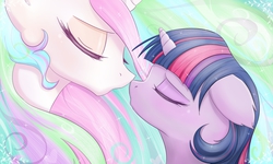 Size: 3500x2100 | Tagged: safe, artist:magnaluna, princess celestia, twilight sparkle, alicorn, pony, abstract background, ethereal mane, eyes closed, female, floppy ears, horn, lesbian, mare, nose kiss, shipping, starry mane, twilestia, twilight sparkle (alicorn)