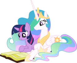 Size: 1280x1042 | Tagged: safe, artist:takua770, princess celestia, twilight sparkle, g4, book, cuddling, reading, snuggling