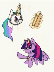 Size: 1545x2073 | Tagged: safe, artist:thepiplup, princess celestia, twilight sparkle, alicorn, pony, unicorn, g4, alternate hairstyle, book, bust, glowing horn, horn, race swap, twilight sparkle (alicorn), unicorn celestia