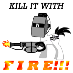 Size: 550x550 | Tagged: safe, artist:salted pingas, oc, oc only, oc:salted pingas, flamethrower, kill it with fire, meme, simple background, solo, text, transparent background, weapon, welding mask