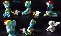 Size: 4776x2813 | Tagged: safe, artist:cemetery-nightmare, angel bunny, rainbow dash, g4, brushable, customized toy, irl, photo, rainbond dash, rope, swapped cutie marks, tied up, toy