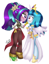 Size: 580x751 | Tagged: safe, artist:tinacrazy29, aria blaze, discord, princess celestia, sonata dusk, equestria girls, g4, alternate clothes, blushing, clothes, costume, female, lesbian, loose hair, ship:arisona, shipping