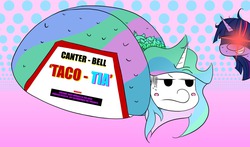 Size: 1280x755 | Tagged: safe, artist:askcelestiasmane, princess celestia, twilight sparkle, g4, horse meat, implied twilestia, pun, taco, wat