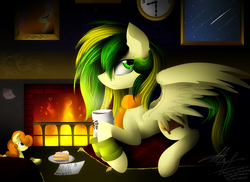 Size: 1970x1436 | Tagged: safe, artist:thelyuba1211, carrot top, golden harvest, oc, oc only, oc:wooden toaster, earth pony, pegasus, pony, g4, cake, canon x oc, clock, clothes, female, fireplace, food, glazetop, happy birthday, leg warmers, love letter, male, mare, mug, musician, otaku date, pillow, plushie, ponysona, scarf, shooting star, solo, stallion, waifu dinner, woodentoaster r63