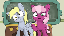 Size: 2800x1600 | Tagged: safe, artist:subesia, cheerilee, derpy hooves, pegasus, pony, g4, chalkboard, cheerilee is not amused, classroom, confused, desk, female, graph, mare, math, science, unamused, writing