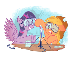 Size: 551x451 | Tagged: safe, artist:jowyb, applejack, twilight sparkle, alicorn, pony, g4, applejack's hat, bunsen burner, chemicals, chemistry, cowboy hat, female, fire, floppy ears, goggles, grin, hat, lesbian, mare, one eye closed, science, ship:twijack, shipping, smiling, spread wings, sweat, that pony sure does love science, this will end in science, this will end in tears, twilight sparkle (alicorn)
