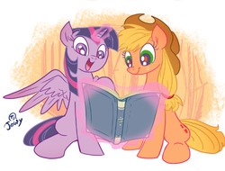 Size: 573x435 | Tagged: safe, artist:jowyb, applejack, twilight sparkle, alicorn, pony, g4, book, female, lesbian, magic, mare, reading, ship:twijack, shipping, telekinesis, twilight sparkle (alicorn)