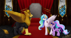 Size: 1625x864 | Tagged: dead source, safe, artist:laurenmagpie, princess celestia, twilight sparkle, oc, alicorn, griffon, pony, g4, female, mare, twilight sparkle (alicorn)