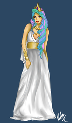 Size: 764x1300 | Tagged: artist needed, safe, artist:ilovecelestiaalot, princess celestia, human, g4, cleavage, clothes, dress, female, humanized, solo