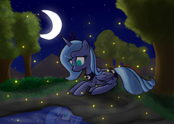 Size: 922x660 | Tagged: safe, artist:xwreathofroses, princess luna, firefly (insect), g4, female, night, prone, reflection, s1 luna, solo
