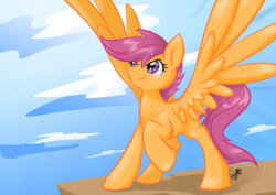 Size: 1403x992 | Tagged: safe, artist:dawnallies, scootaloo, pegasus, pony, g4, commission, female, large wings, older, sky background, solo, wings