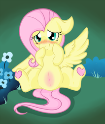 Size: 500x586 | Tagged: safe, artist:adoeable, fluttershy, pegasus, pony, g4, belly, blushing, chubby, colored underhoof, flower, full body, grass, heart, hoof heart, hoof over mouth, leg fluff, looking at you, pregnant, shy, sitting, solo, underhoof, upside-down hoof heart, wings