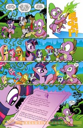 Size: 900x1384 | Tagged: safe, idw, applejack, fluttershy, pinkie pie, rainbow dash, rarity, spike, twilight sparkle, zecora, alicorn, dragon, earth pony, pony, zebra, g4, spoiler:comic, spoiler:comic27, comic, dragon mail, female, fire, fire breath, idw advertisement, mane six, mare, misspelling, preview, twilight sparkle (alicorn)